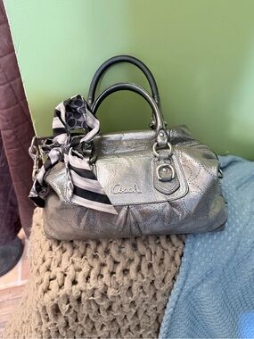 Coach Metallic Silver Leather Satchel with Striped Scarf